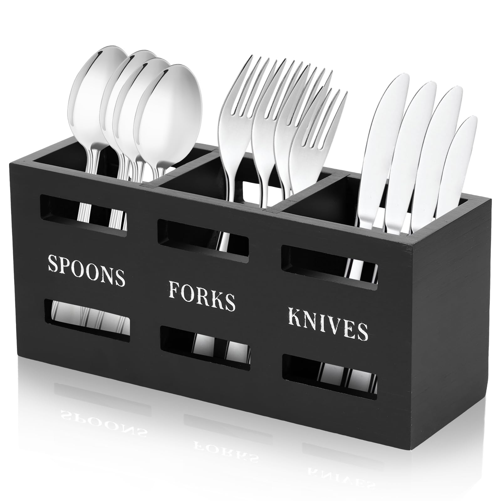 Ktcina Black Kitchen Utensils Holder 3 Compartment Wood Cutlery Holder Large Utensil Organiser Cutlery Caddy Farmhouse Silverware Caddy Kitchen Countertop Organizer For Spoons, Forks, Knives(Black)