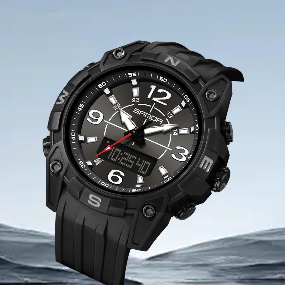 FANMIS Orologio sportivo da uomo, analogico, digitale, resistente all'acqua fino a 5 atm, per escursionismo, militare, tattico, doppio fuso orario, retroilluminazione a LED, multifunzione, sveglia