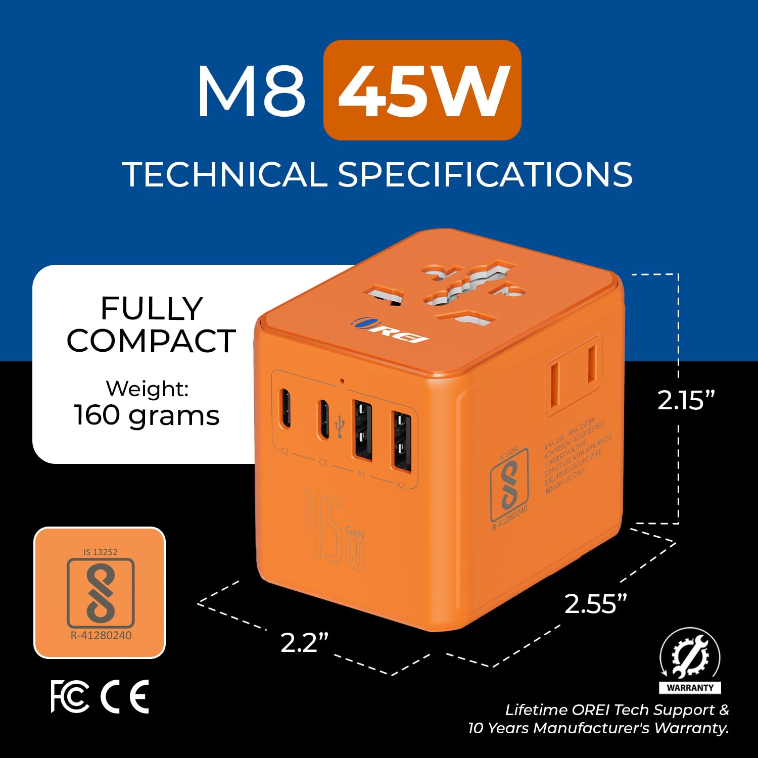 Orei 45Watt Universal Charger Adapter | 3X USBC 2XUSB A - 6-in-1 International Travel Adapter | Universal Travel Adapter Compatible 150+ Countries | Type C, A, G, I Compatible, Cosmic Orange 3