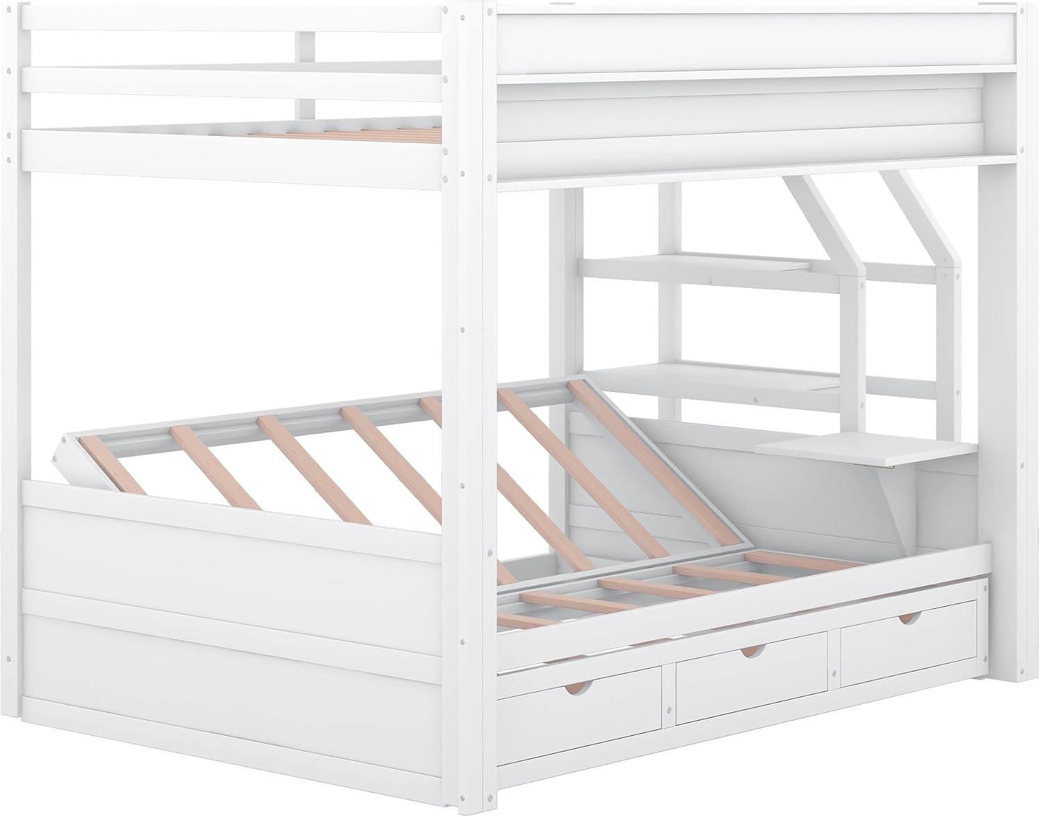 Wood Full Size Bunk Bed with Storage Stairway,Full Over Full Bunk Beds with Bedside Table and 3 Drawers, Bunk Bed with Converted into Daybed,No Box Springs Needed,White