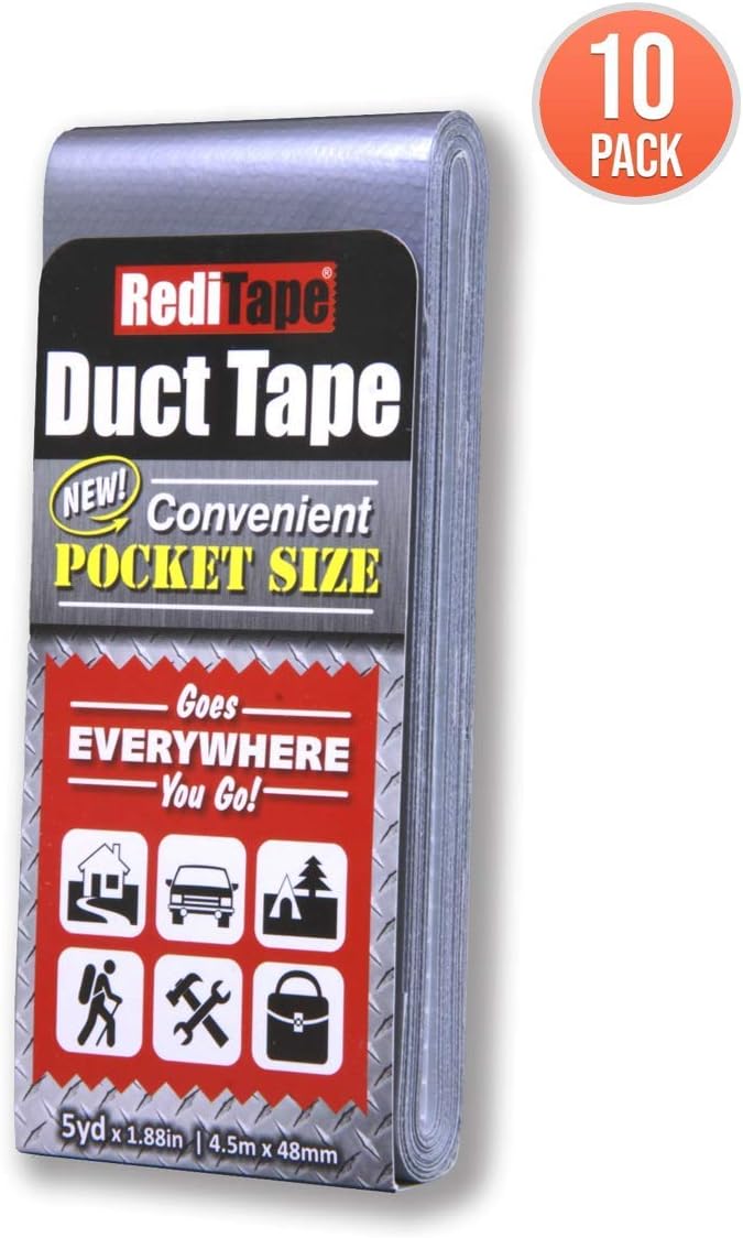Travel Size Pocket Duct Tape 10-Pack | 1.88 inches x 5 Yards per Flat Pack (10-Pack, Silver)
