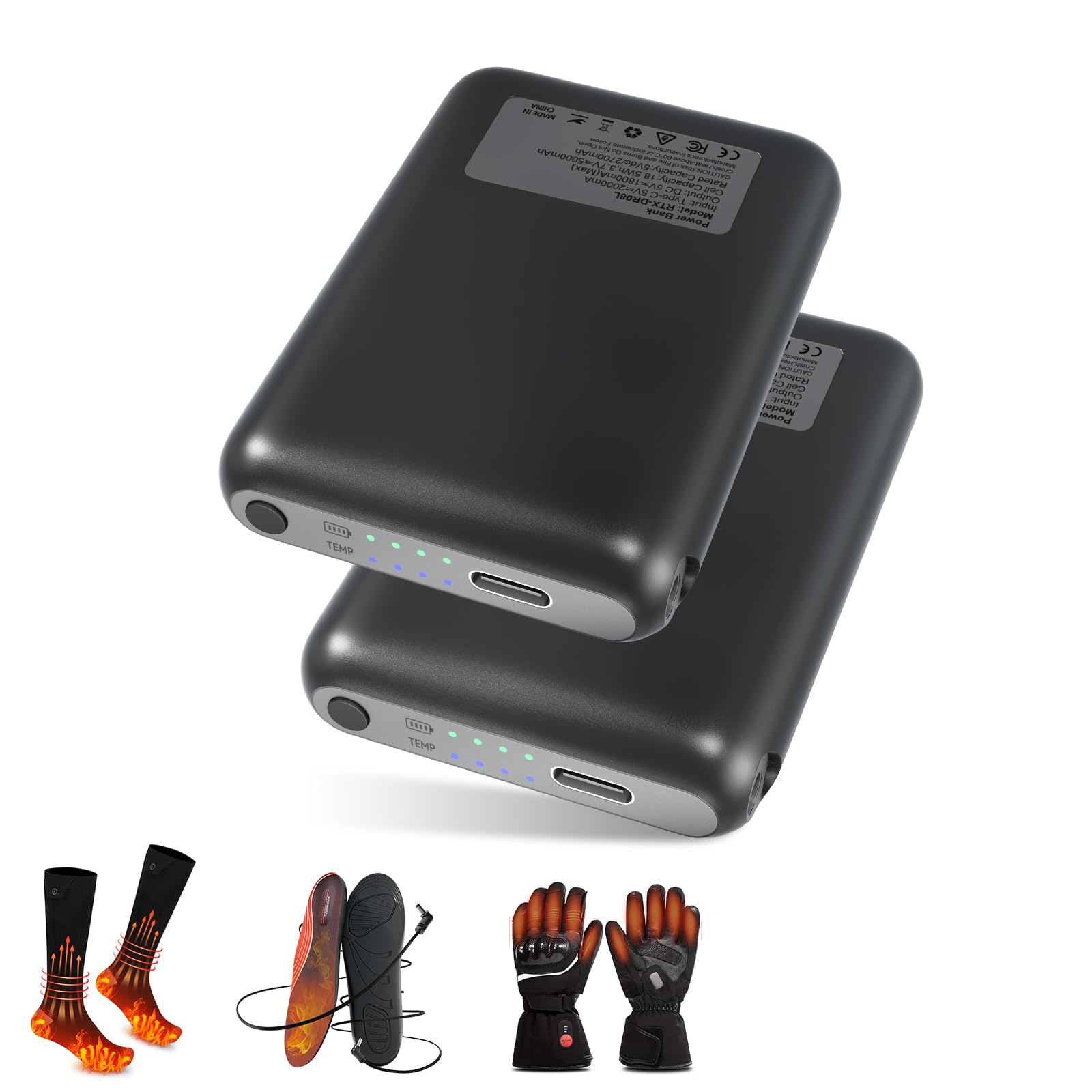 RTDEP 5V 6000mAh Li-Polymer Oplaadbare Batterij, 4 Verwarmingsniveaus, Batterijverlenging voor Verwarmde Sokken, Vervangingsbatterij voor Verwarmde Inlegzolen, Verwarmde Handschoenen, Verwarmde Petten