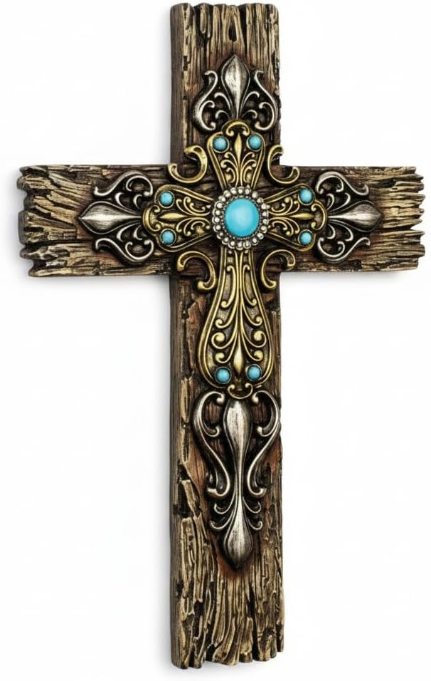 Comfy Hour 12" Rustic Faux Wood Wall Cross with Turquoise Accents, Ornate Victorian Scrollwork Religious Plaque, Western Lodge Style Resin Wall Decor, Artisan Finished Sculpture, 1 Piece