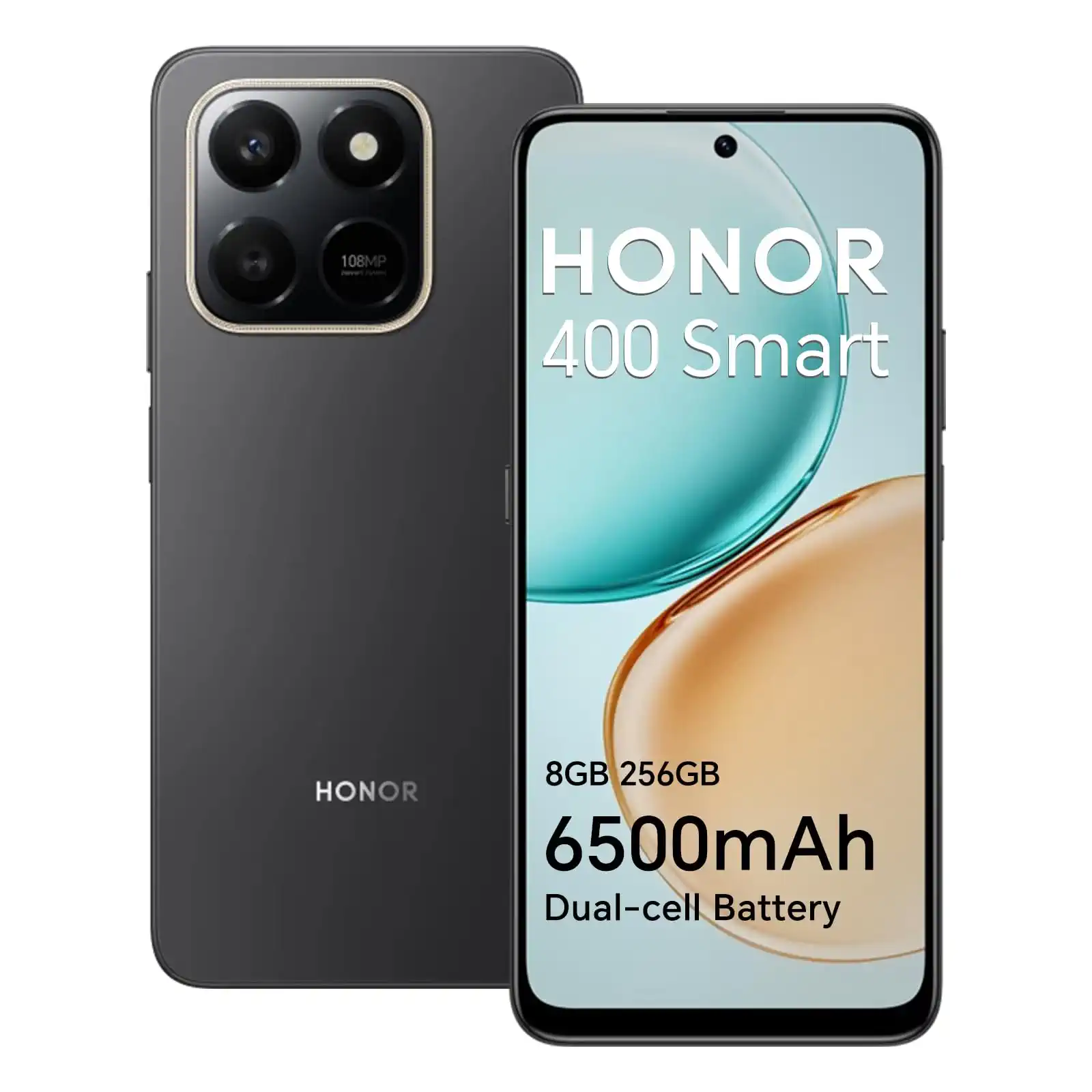 Honor 400 Smart-Smartphone, 4G, 8 GB, 256 GB, Akku 6500 mAh, fallfestes Display von 17,9 cm (6,77 Zoll), IP54, Hauptkamera mit 108 MP, Android 15, Dual-SIM, NFC, Schwarz