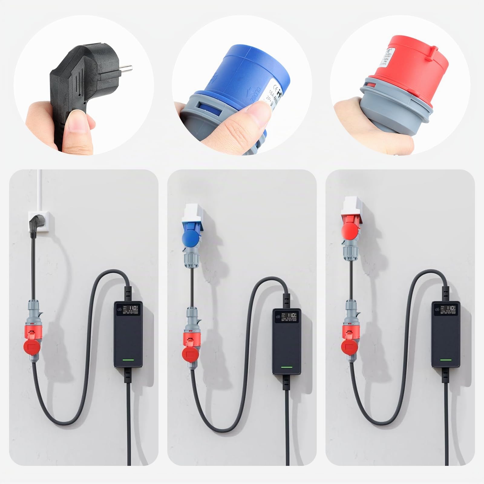 3 adaptadores CEE para enchufes Schuko, juego de adaptadores CEE 16A | 5 pines para enchufes domésticos CEE rojo 32A/CEE azul 16A/230V, 3 x 2,5 mm² H07RN-F 16A, juego de adaptadores