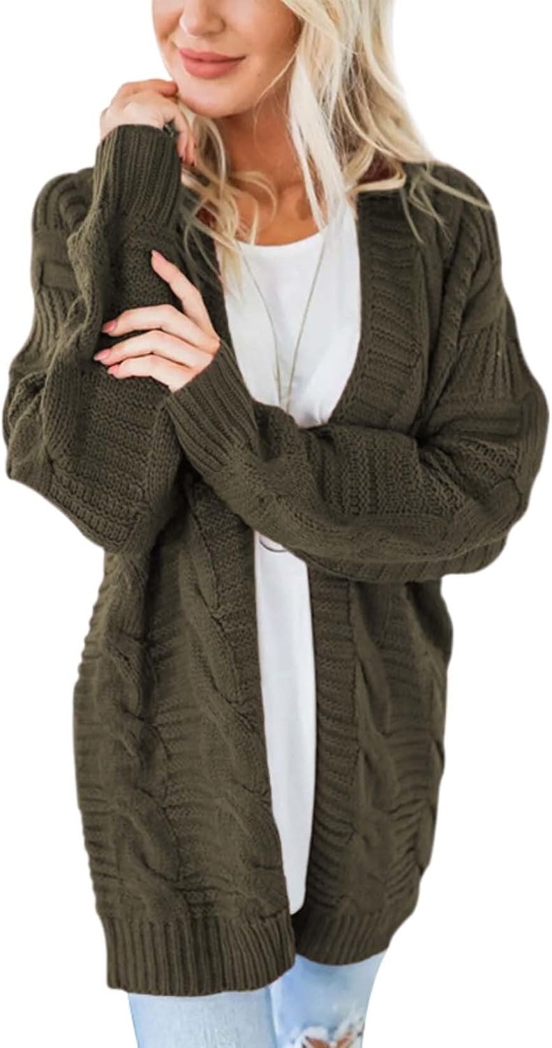 Long Sleeve Cable Knit Womens Cardigan Oversized Long Sweater Loose Casual Solid Color Mid Length Chunky Style