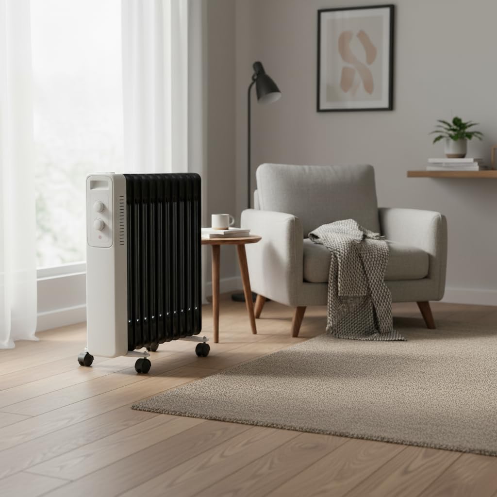 BRICOZONE Radiatore A Olio 2500W Con Tredici Elementi Termici Tre Livelli Di Riscaldamento Termostato Regolabile Protezione Anti Surriscaldamento Ruote Scorrevoli Avvolgicavo Integrato Per Casa