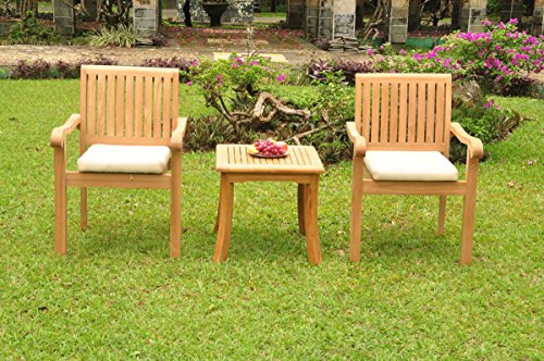 TeakStation 2 Seater Grade-A Teak Wood 3 Pc Dining Set:Giva Square Side Table and 2 Napa Stacking Arm Chairs #TSDSNP15