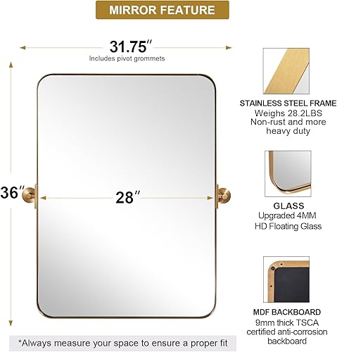 Miniatura 6 de Espejos de baño de oro cepillado de 28 x 36 pulgadas para pared, espejo giratorio de baño con marco de metal de latón con esquina redondeada,
