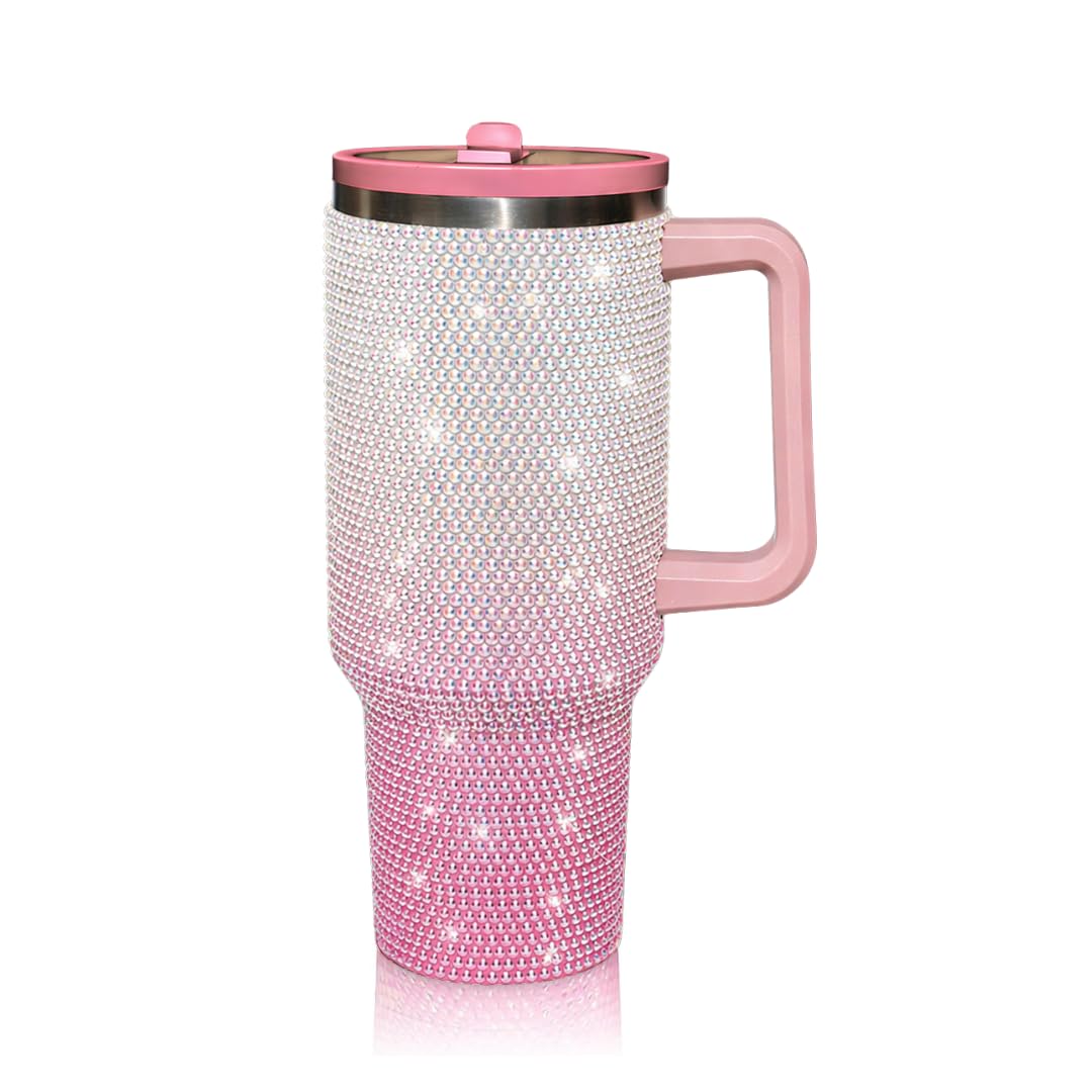 cuteolivia 40 Oz Rhinestone Studded Tumbler with Handle Straw and Lid, Insulated Stainless Steel Double Layer Water Bottle for Women, Reusable Travel Coffee Mug (1200ml) Gradient white/pink