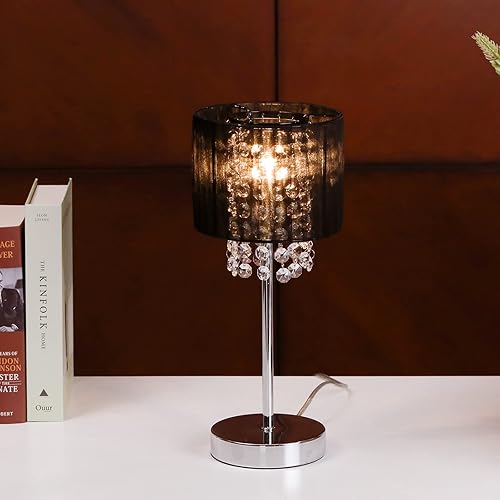 Miniatura 5 de KUNJOULAM Lámpara de mesa de noche de cristal moderna lámpara de mesa de noche con pantalla de tela base negra para dormitorio sala de estar oficina