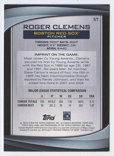 Miniatura 2 de 2016 Topps Gold Label Class 1#57 Roger Clemens NM-MT Boston Red Sox Baseball Trading Card