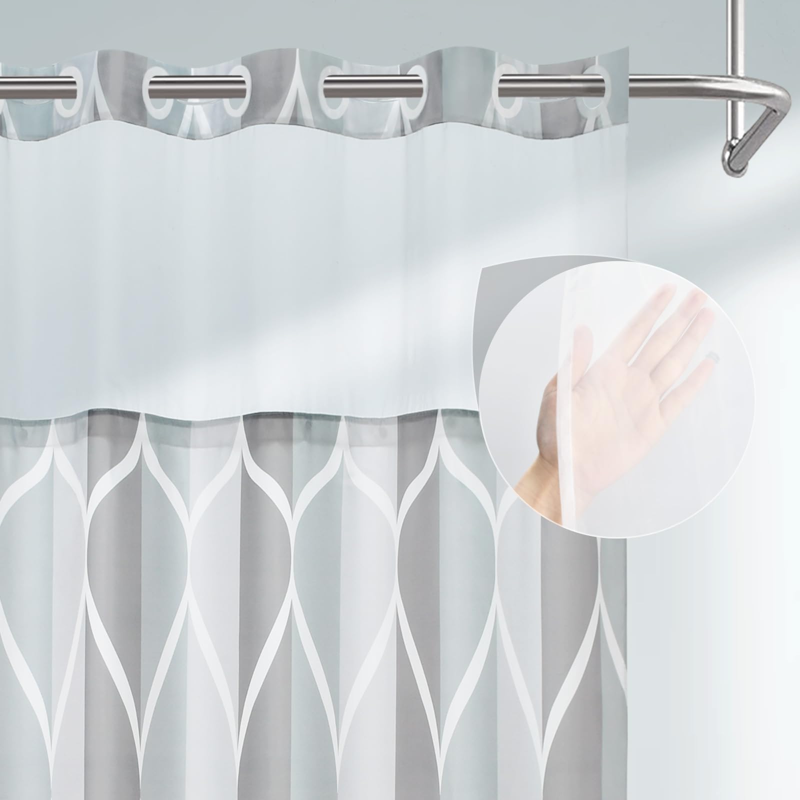 Yiatn Petit Rideau de Douche Gris sans Crochet avec Doublure en Tissu à Clipser – Style hôtel avec fenêtre supérieure en Maille Transparente, Design géométrique Moderne en Forme de Goutte d'eau,