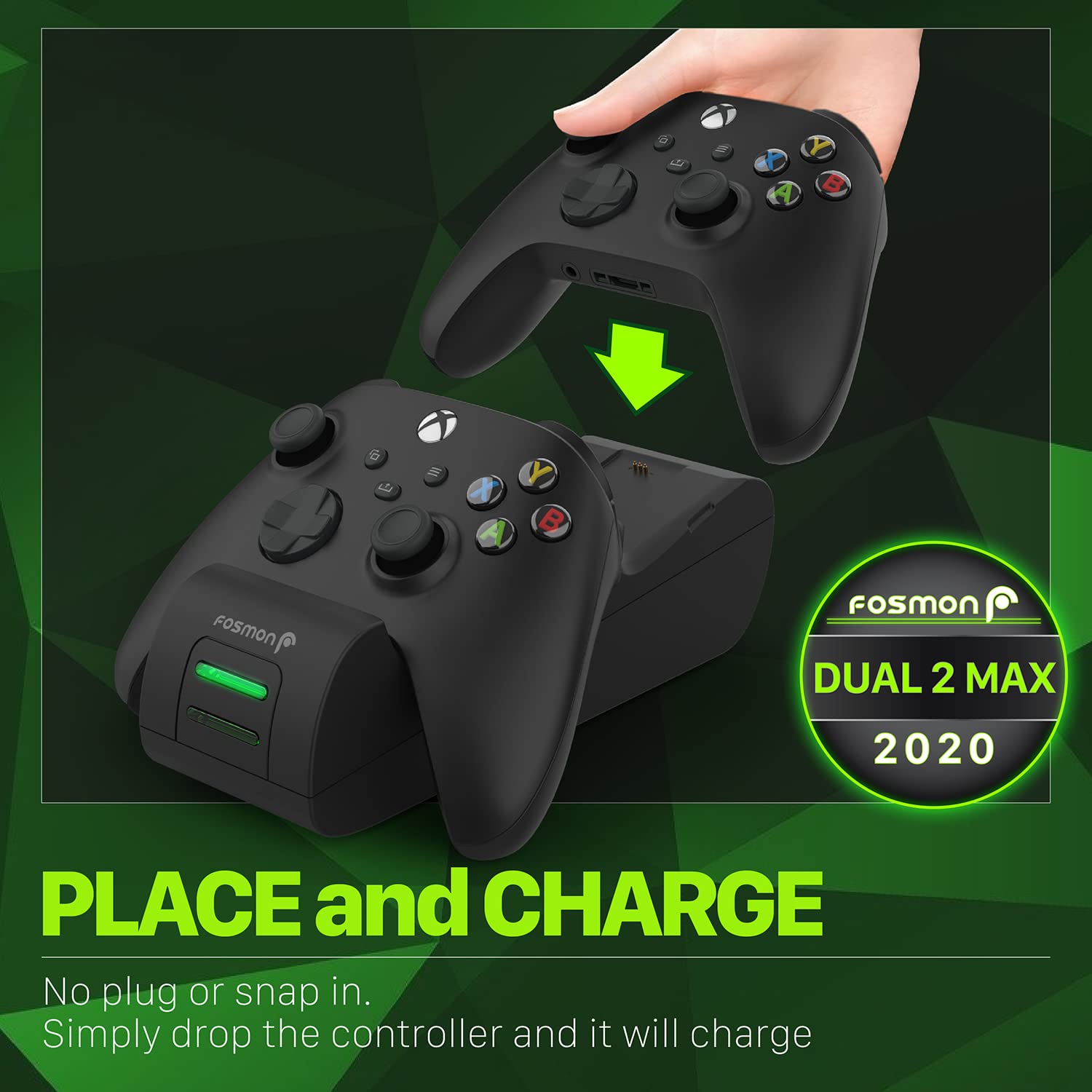 Fosmon DUAL 2 MAX Stazione di Ricarica Compatibile con Controller Xbox Series X/S (2020), Xbox One/One X/One S Elite Controllers, (Dual Slot) Caricabatteria e 2x 2200mAh Batteria Ricaricabile - Nero