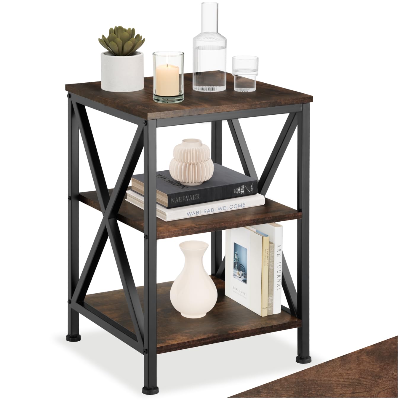 tectake® Beistelltisch aus Holz und Metall, Nachttisch mit 3 Ebenen, X-förmige Streben, Industrie-Design, Vintage Couchtisch, schwarzes Metallgestell (Industrial Dunkelbraun)