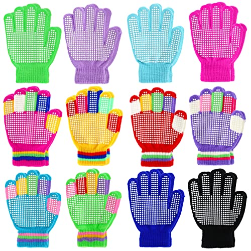 Whaline 12 Pairs Kids Anti-Skid Magic Gloves Multicolor Winter Children Anti-Slip Warm Full Fingers Knitted Gloves for Boy Girl Aged 6-12 Outdoor Sports