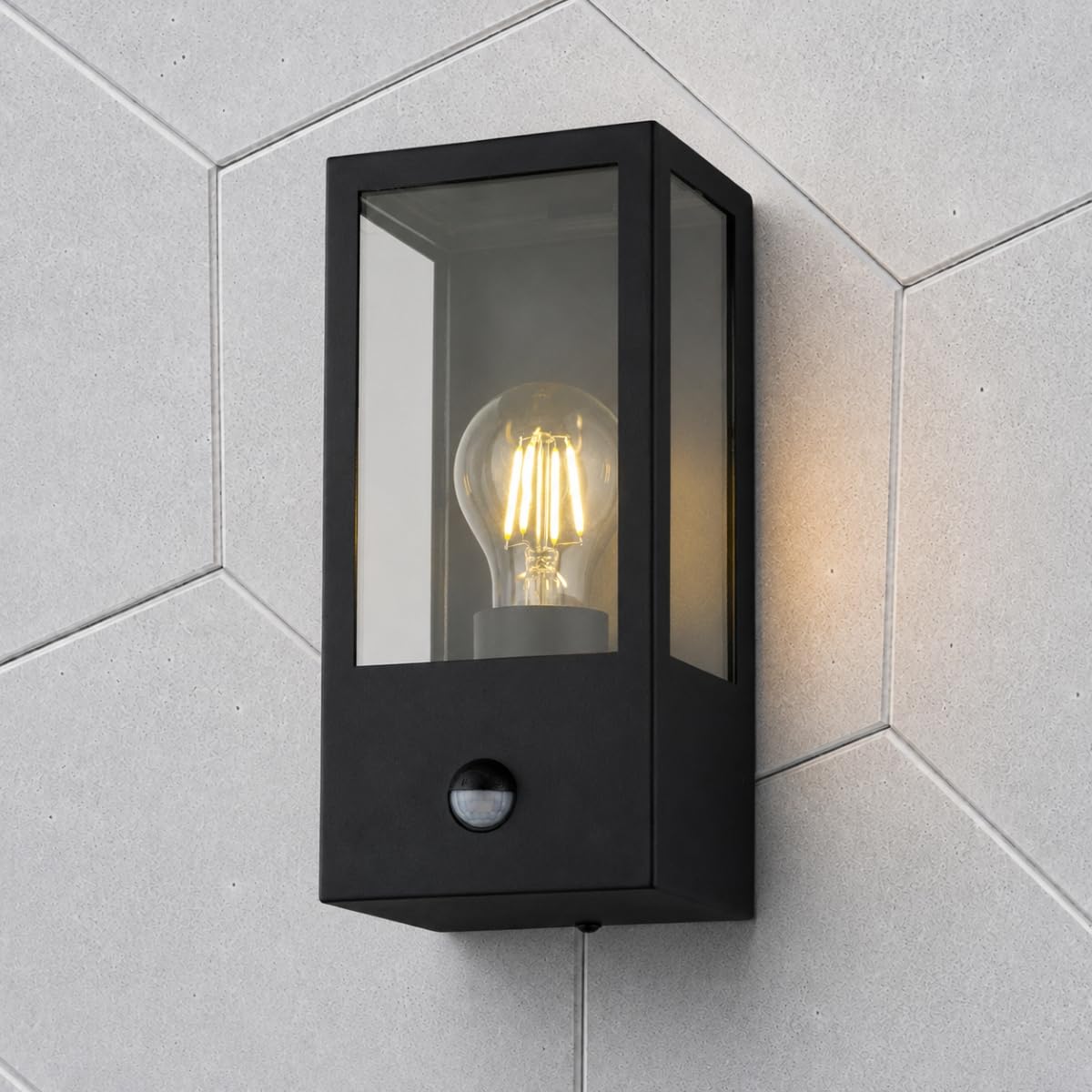 CGC Lighting Outdoor Outside Wall Light Contemporary Box Lantern Garden Porch Post Driveway Patio Lamp Weatherproof (Black Stainless Steel PIR)