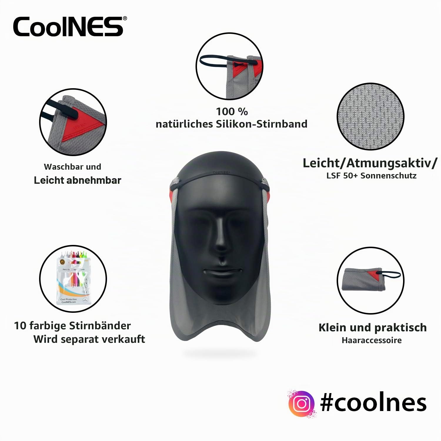 CoolNES Patent 2 in 1 Sonnenschutz für Nacken und Gesicht | Abnehmbar & Einheitsgröße Kopfband Nackenschutztücher für Kappen | UVB 50+ | 5 Farben | 2019 Version