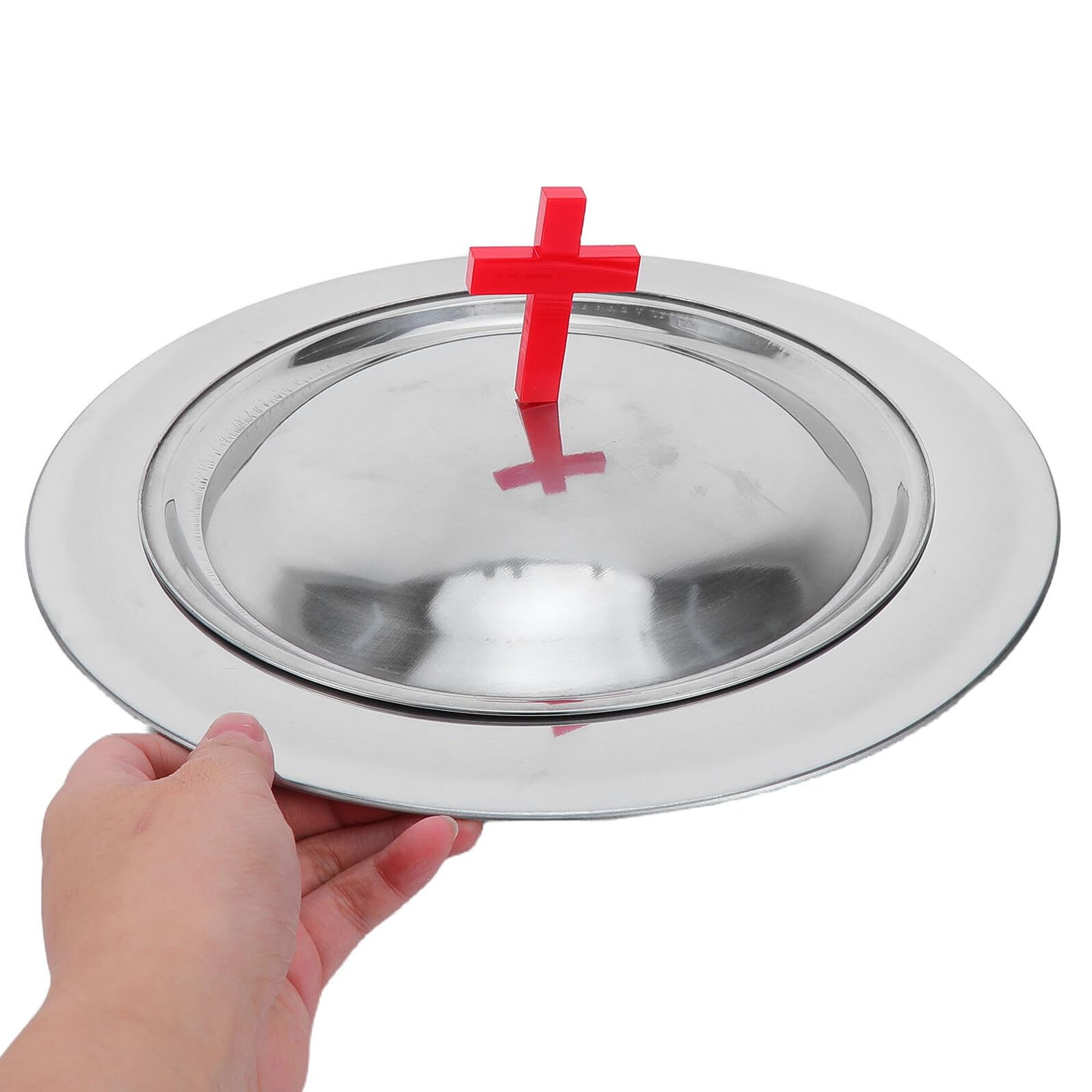 Gadpiparty Vassoio per la Comunione in Acciaio Inossidabile 30 CM con Coperchio e Copri Pane Rosso a Croce Piatto Sacro per Servizio Altare e Forniture per Cerimonie Religiose in Chiesa