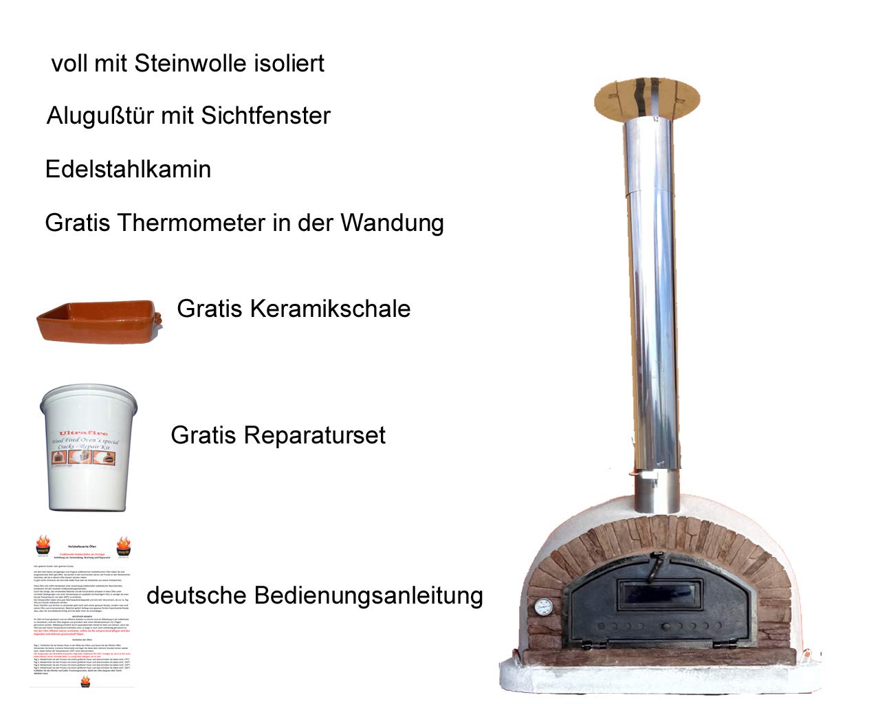 Steinbackofen Pizzaofen Buenaventura AL 120 rot mit Edelstahlkamin und Regenhut