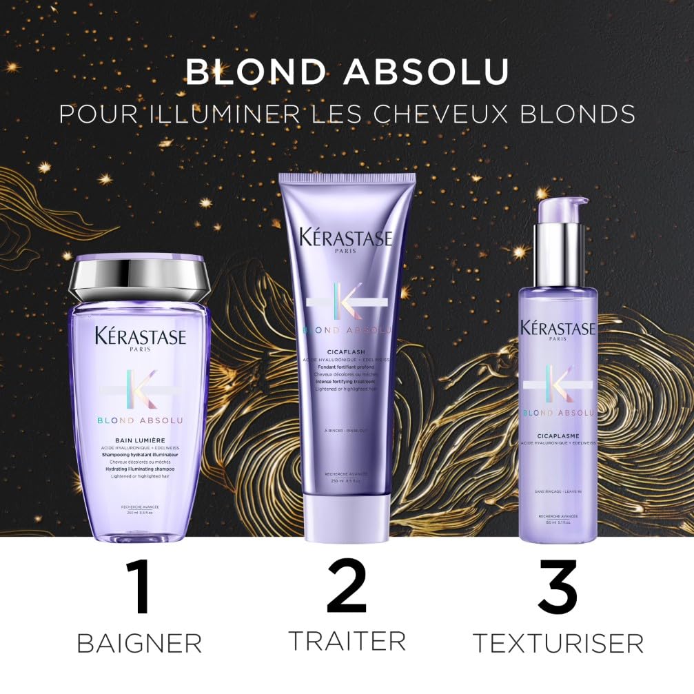 KÉRASTASE Blond Absolu - Coffret de Fin d'Année - Bain Lumière + Fondant Cicaflash + Sérum Cicaplasme - Fortifie & Illumine - Acide Hyaluronique & Edelweiss - Cheveux Blonds Décolorés ou Méchés