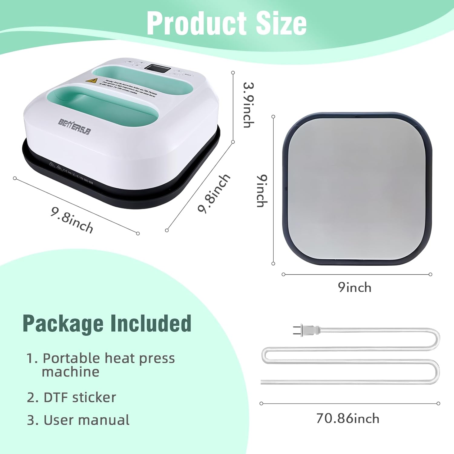 BetterSub 9x9 Heat Press Machine - Professional for T-Shirts, Hats, Apparel Printing | Sublimation & HTV Vinyl Ready | LCD Digital Control & Auto Shut-Off (Teal)