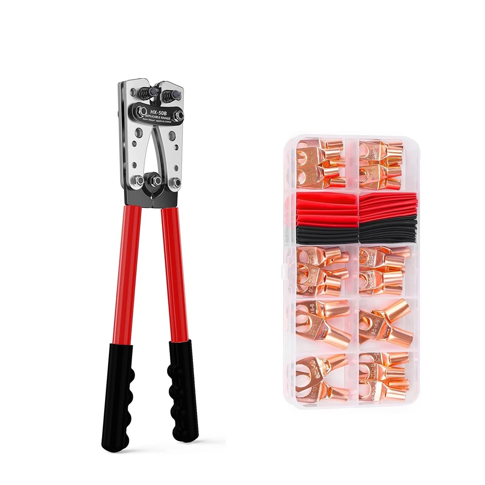 Battery Cable Lug Crimping Tool Kit with Cutter and Copper Lugs Assortment Heat Shrink Tubing Wire Crimper for Electrical(HX-50B Gold Terminal)