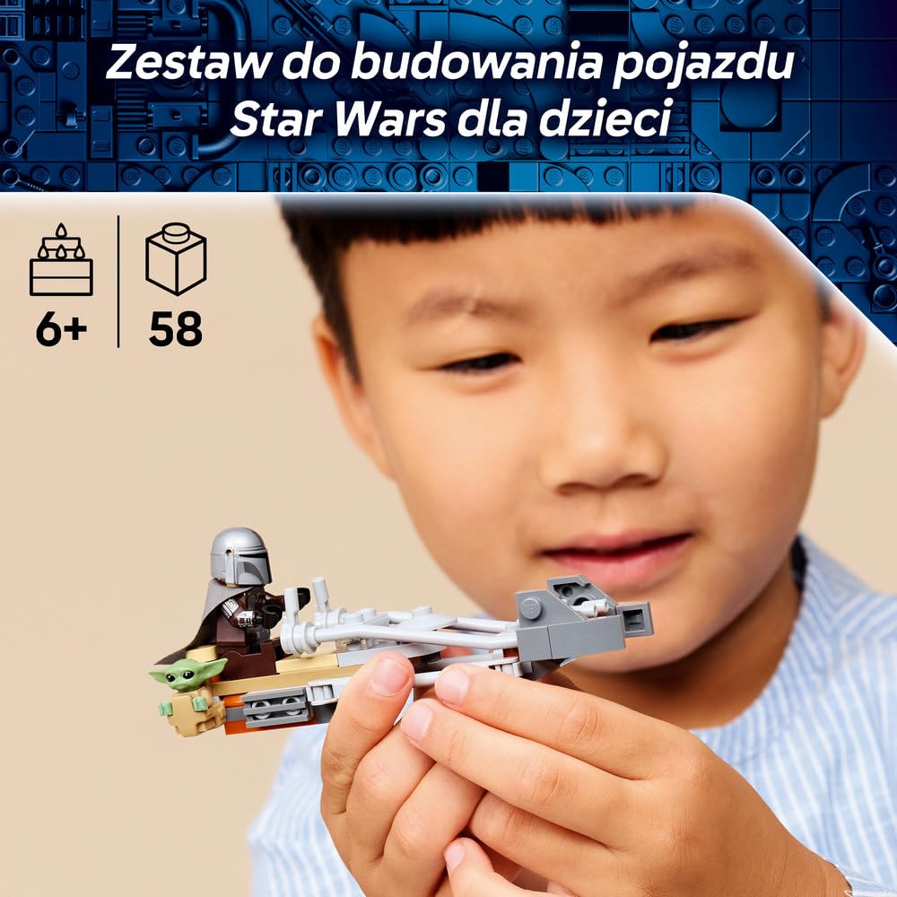 LEGO Star Wars Śmigacz Mandalorianina i Grogu, zabawka dla dziecka, zestaw z pojazdem i dwiema postaciami z serii Gwiezdne Wojny, pomysł na prezent dla 6-latka, klocki dla chłopca i dziewczynki 75436
