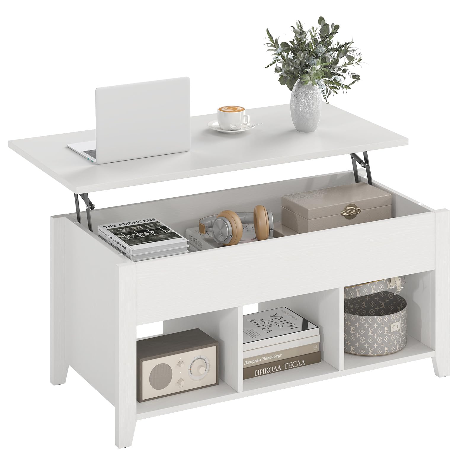 COSTWAY Lift Up Top Coffee Table, Wooden Lifting Cocktail Center Table with Hidden Compartment & 3 Open Storage Cubes, Rectangular Accent Sofa Side Tea Table for Living Room (All White)