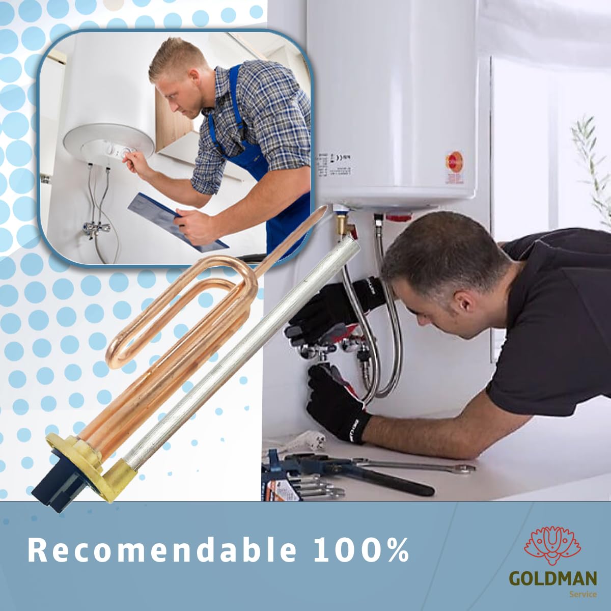 GOLDMAN SERVICE Kit de Recambio Calentador de Agua Eléctrico: Resistencia Curva, Ánodo de Magnesio, Junta de Goma y Tornillo de Fijación. Compatible con Termos Eléctricos de Grandes Marcas (2000 W)