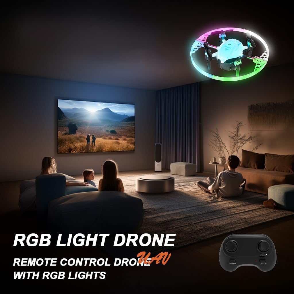 FX-41B Drone con Luci RGB, Controllo Remoto 40 Metri, Effetti 360° Rotazione - Drone LED con Illuminazione Multicolore per Interni ed Esterni (white)