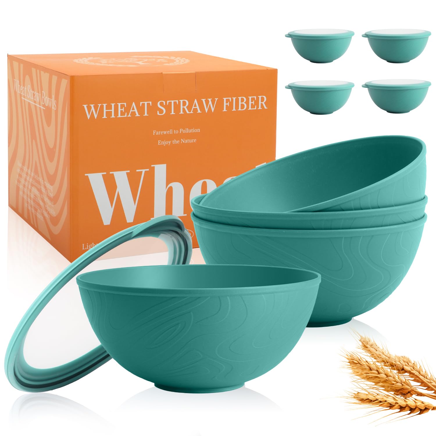 40 OZ Wheat Straw Bowls with Lids Set, 4 PCS Unbreakable Salad Bowls with Lid, Alternative Plastic Food Containers with Lids for Lunch, Microwave &amp; Dishwasher Safe Kitchen Bowl Set, Green