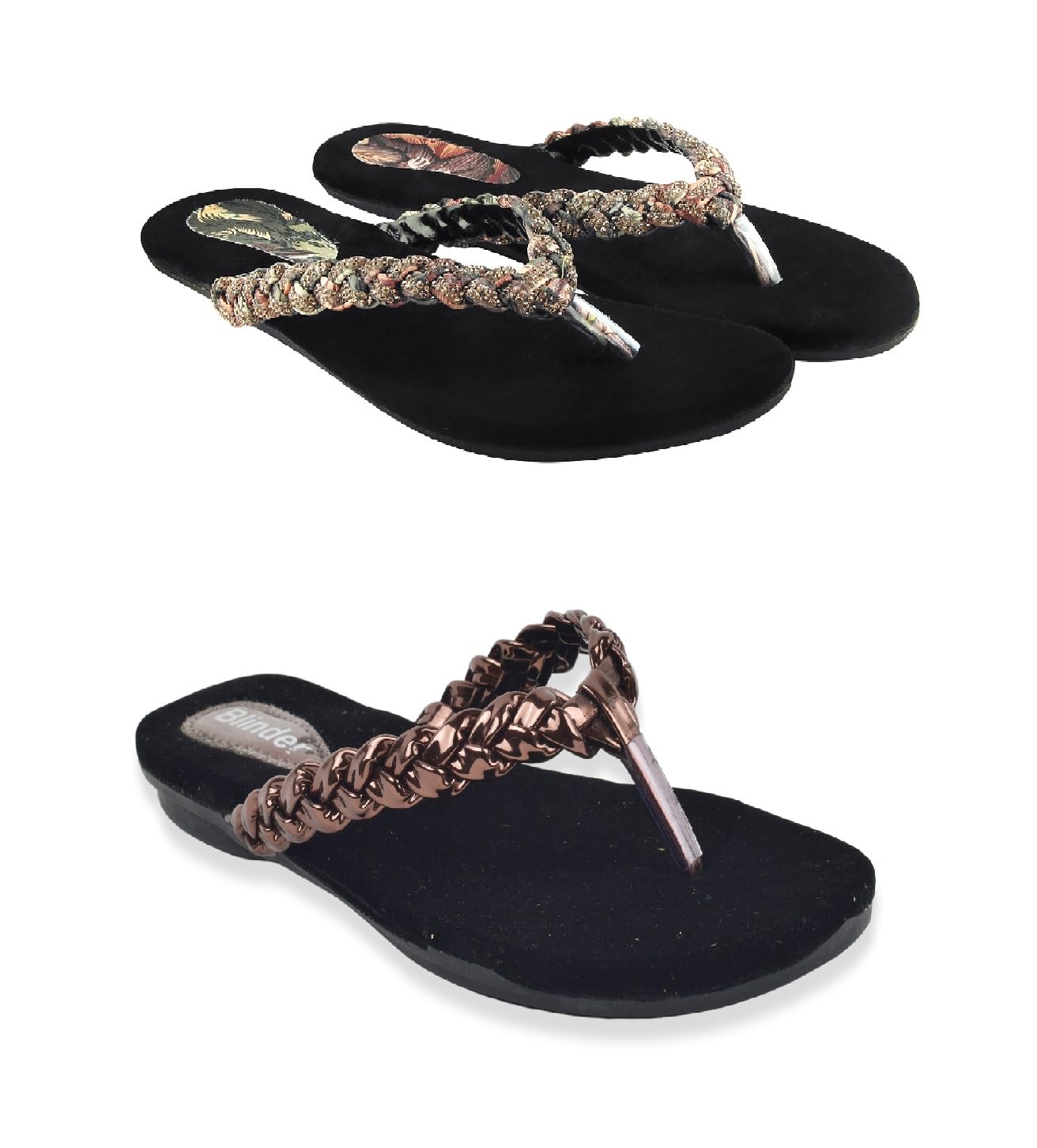 Women's Braided Strap Flip Flops, Black Velvet Footbed, Crystal Embellished