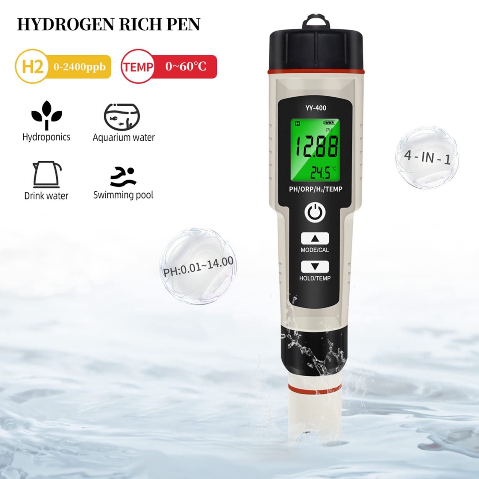 Frezon Portable 4 In 1 Hydrogen-Rich Test Pen PH/ORP/TEMP Water Quality Meter Tester