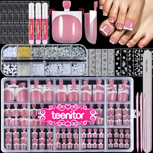 Teenitor Square Toe Nail Press Ons 150pcs French Tip Press on Toenails with Nail Glue Thick Toe Press on Nails Fake Toe Nails for Women 15 Sizes Toe Nails Glue on with Nail Charms for DIY