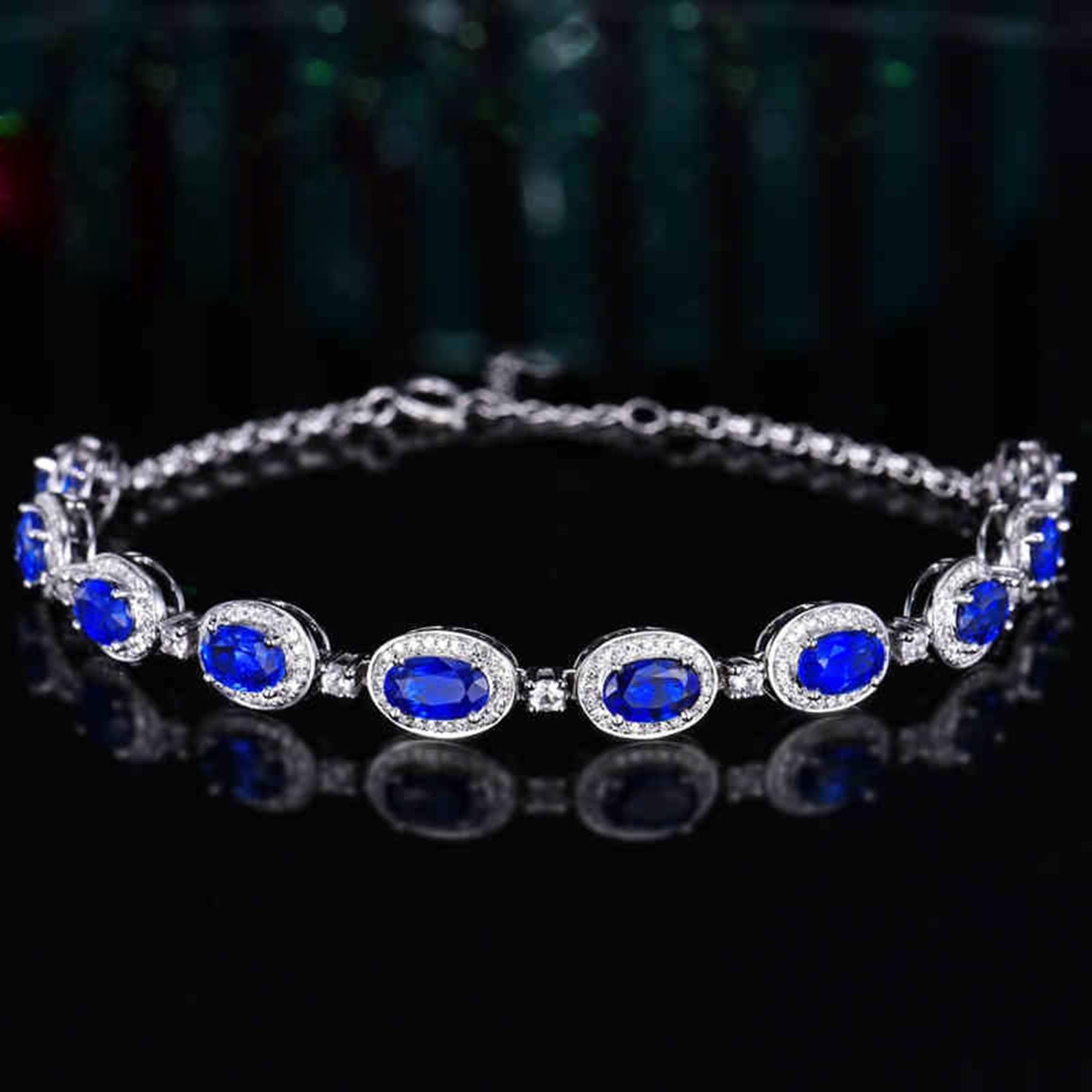Pulsera de Oro Blanco Mujer 9 Kilates / 14 Kilates / 18 Kilates, Oval con Zafiro Creado de 4,3 ct y Diamante, Cadena Extensible 16 CM + 5 CM, Pulsera Plata Azul Verde Mujer Ajustable