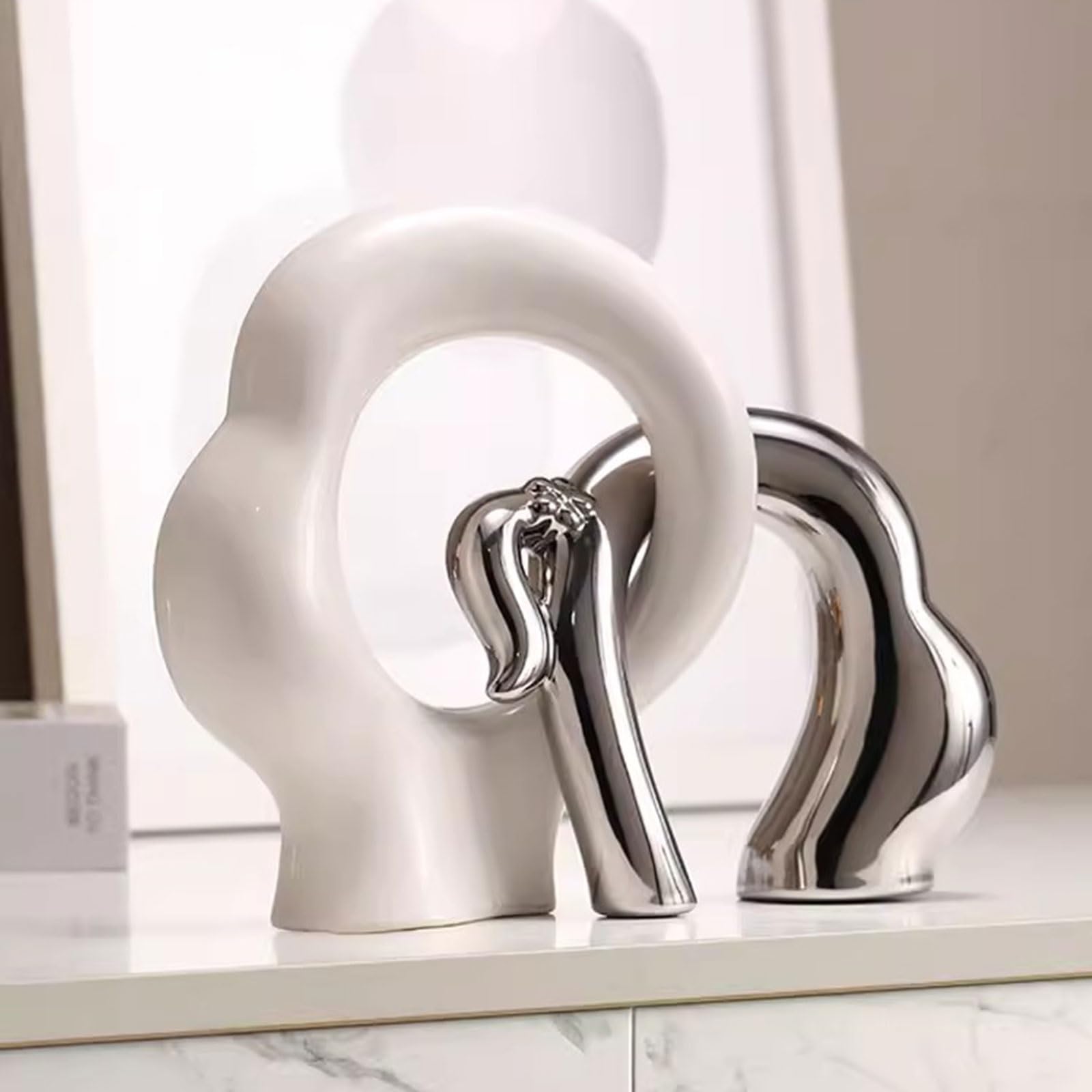 Moderna Figura Abstracta Estatua De Cerámica,Figuras Coleccionables Escultura Estética Decoración De La Habitación, Para El Centro De Mesa De La Sala De Estar Entrada Oficina ( Color : White+Silver )