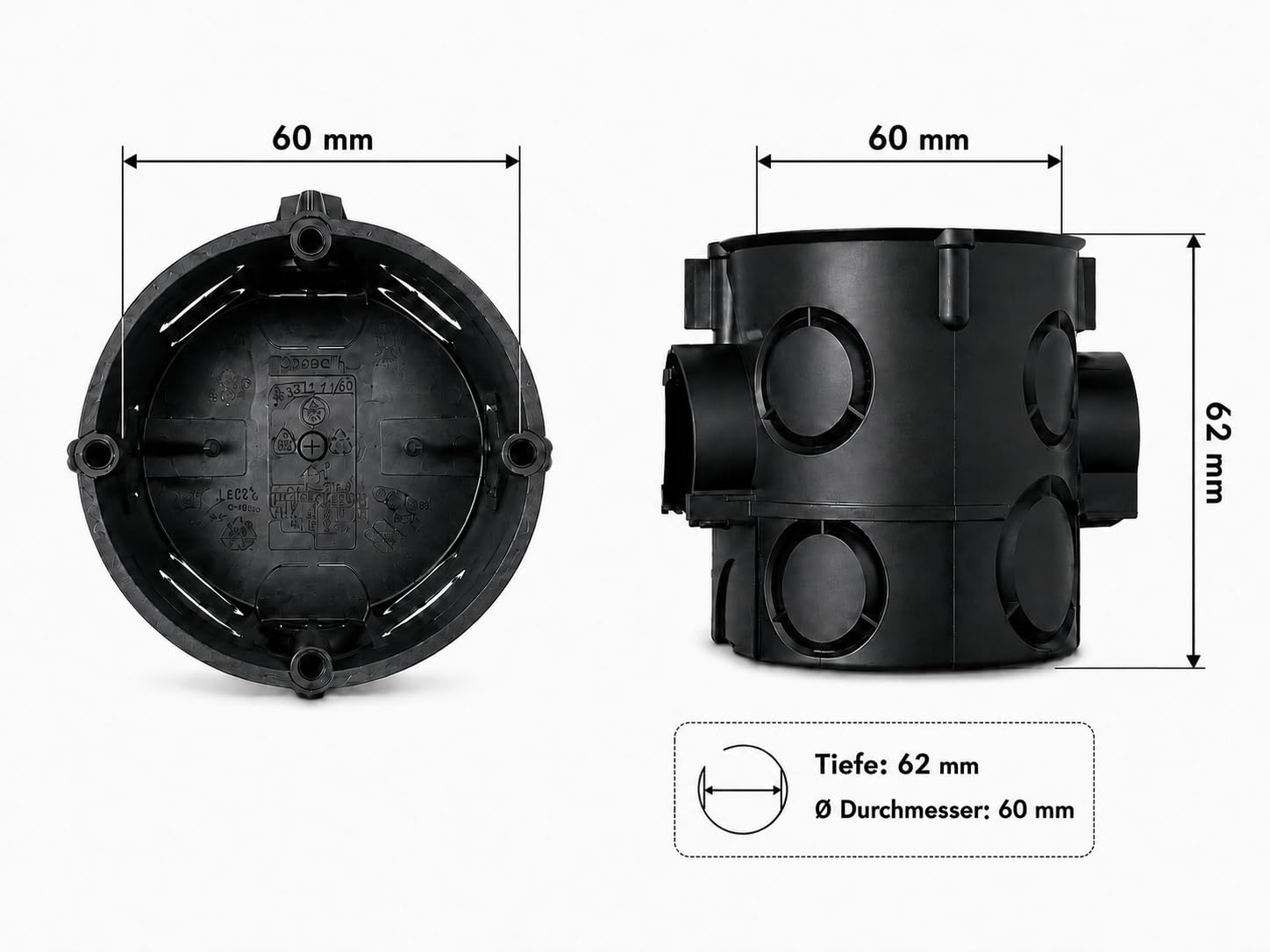 Ø 60 mm podtynkowa puszka przełącznikowa puszka na urządzenia puszka przyłączeniowa z króćcem M25 głębokość 62 mm, 15 sztuk
