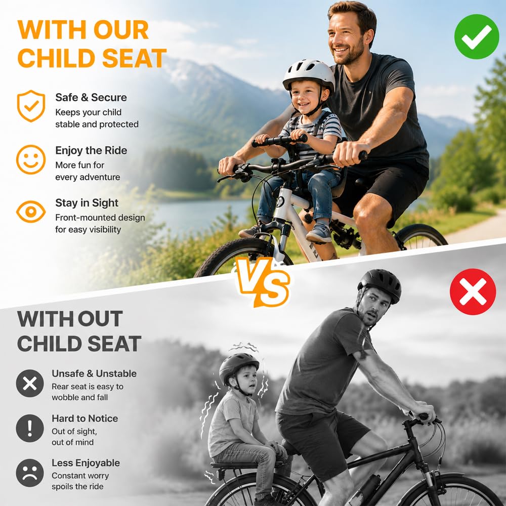 Seggiolino per bicicletta per bambini, regolabile, montaggio anteriore, per bambini, con bracciolo e pedali pieghevoli, per bambini dai 2 ai 5 anni, adatto per la maggior parte delle biciclette