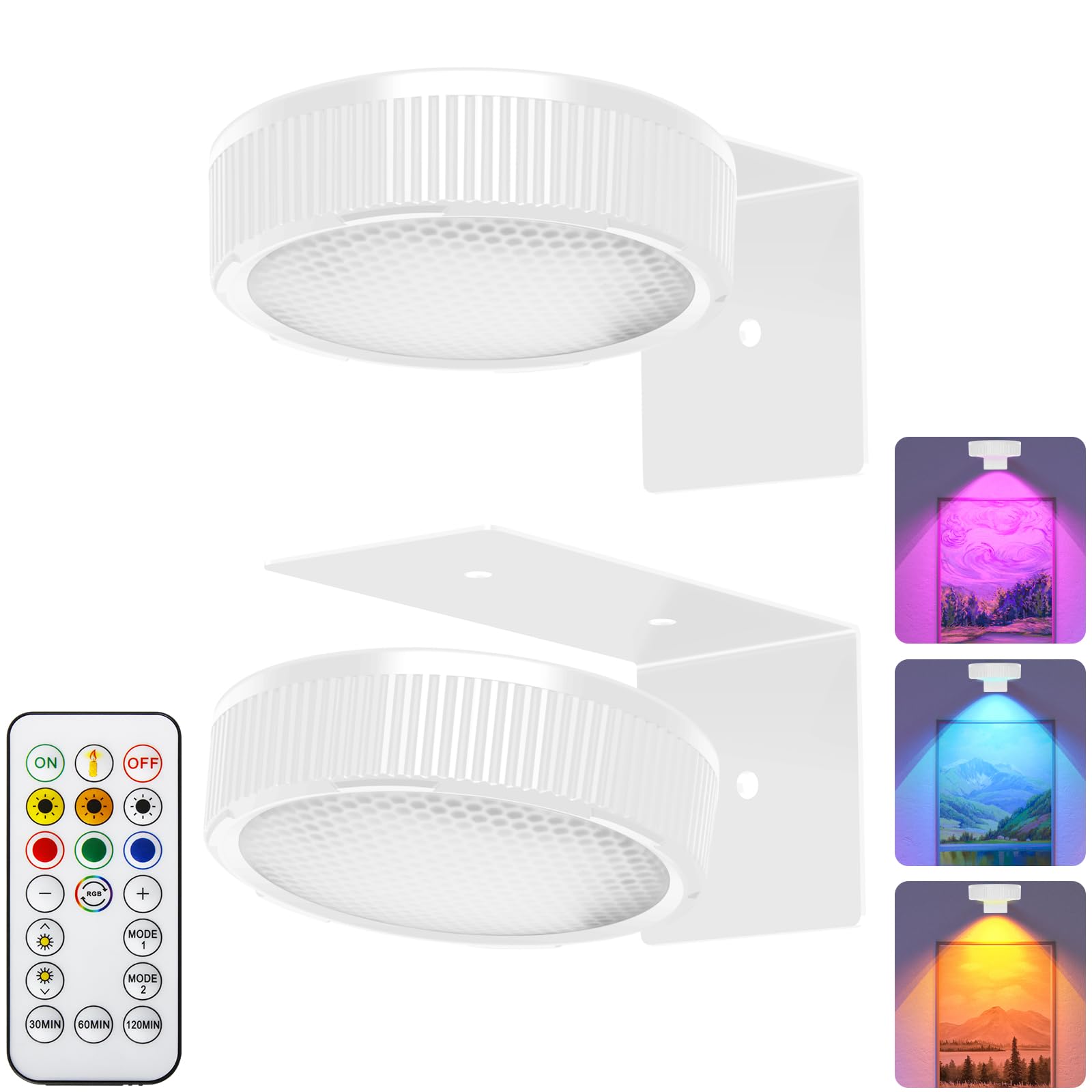 SIXDEFLY RGB Magnetic Suction Spotlight - Battery-Powered, Wireless, Remote Control with Adjustable Timer for Art Displays and Galleries 2 Pack White