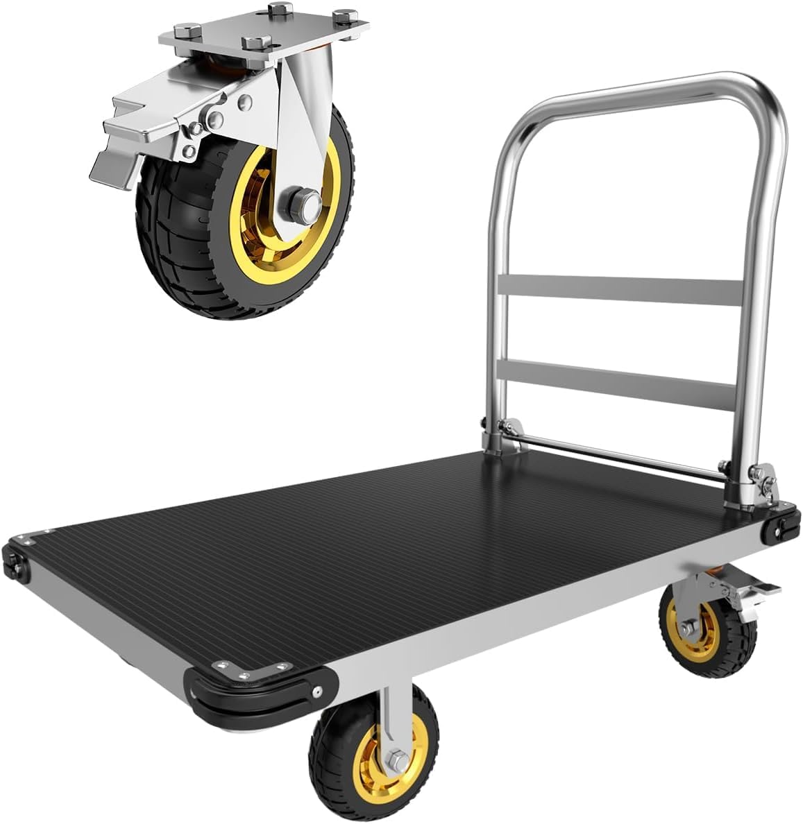 Heavy Duty Platform Truck | 2200LBS Capacity | 36" x 24" Flatbed Cart| 2mm Steel Deck + 3mm Anti-Slip Mat | Foldable Handles & Silent Wheels | Industrial Dolly Cart for Tight Spaces, Warehouses