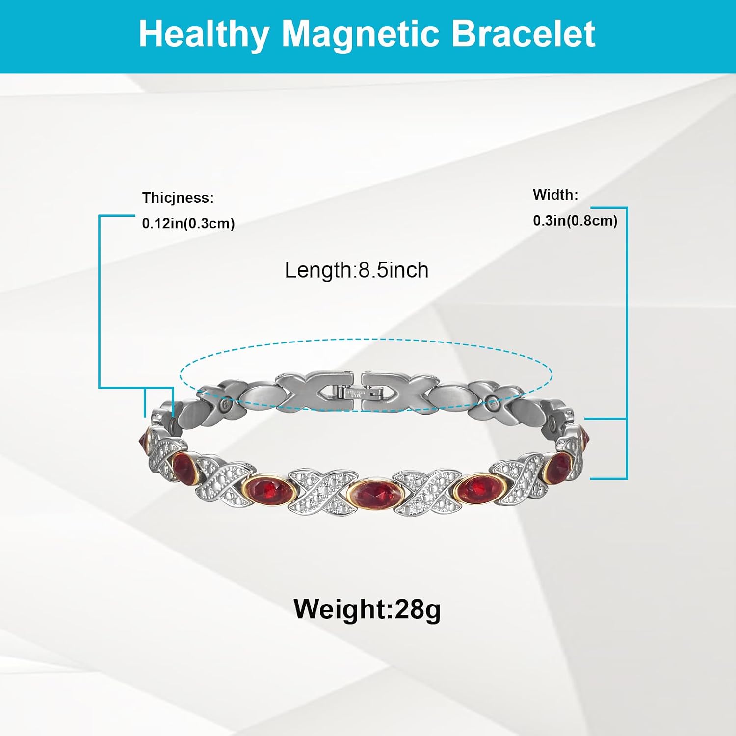 Magnetic Bracelets for Women, Stainless Steel Magnetic Bracelet with Red Stones, Fashion Magnetic Jewelry