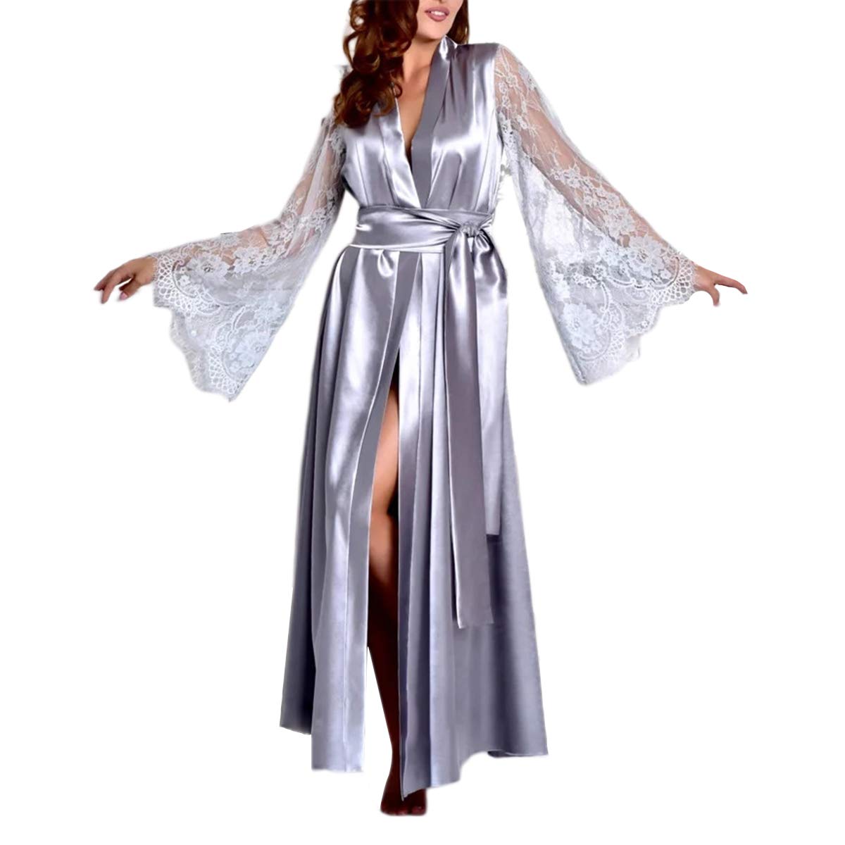 Women Sexy Silk Nightgown Dress Lace Transparent Sleeve V Neck