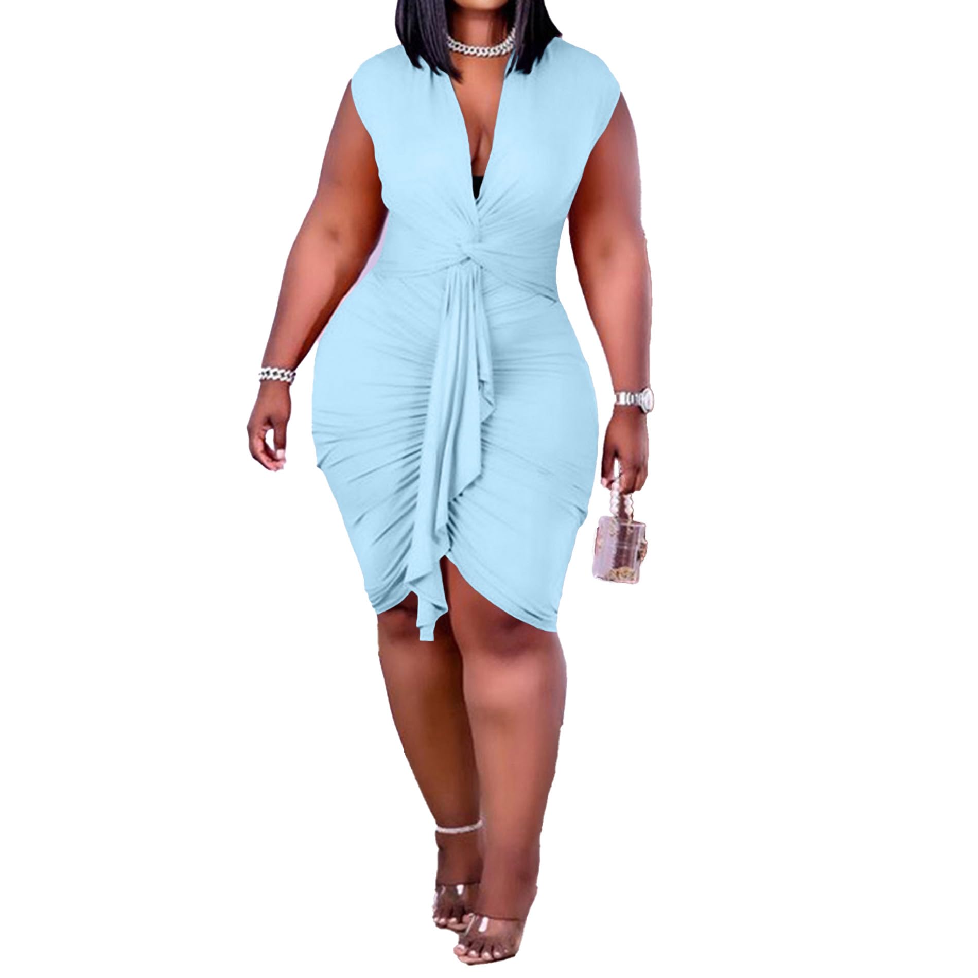 IyMoo Women's Sexy Plus Size Bodycon Drawstring Ruched Mini Club Dress