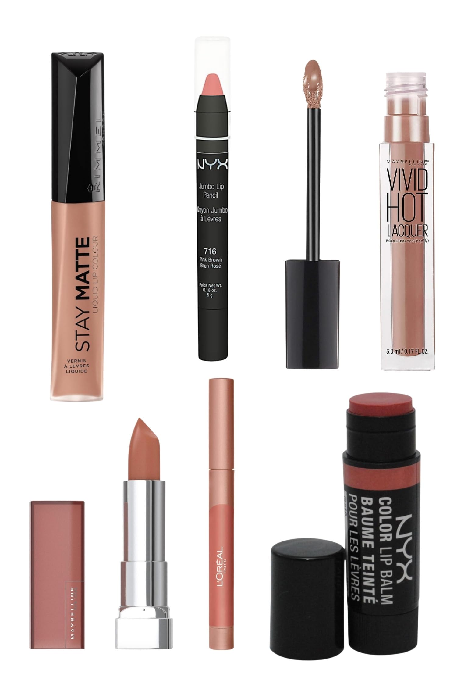Maybelline Color Sensational Lipstick in Raw Chocolate BUDGET- FRIENDLY Makeup BUNDLE including Rimmel, L'Oreal & NYX ~ Curated Collection of 6 NUDE Lip Products: Liner, Crayon, Lacquer & More