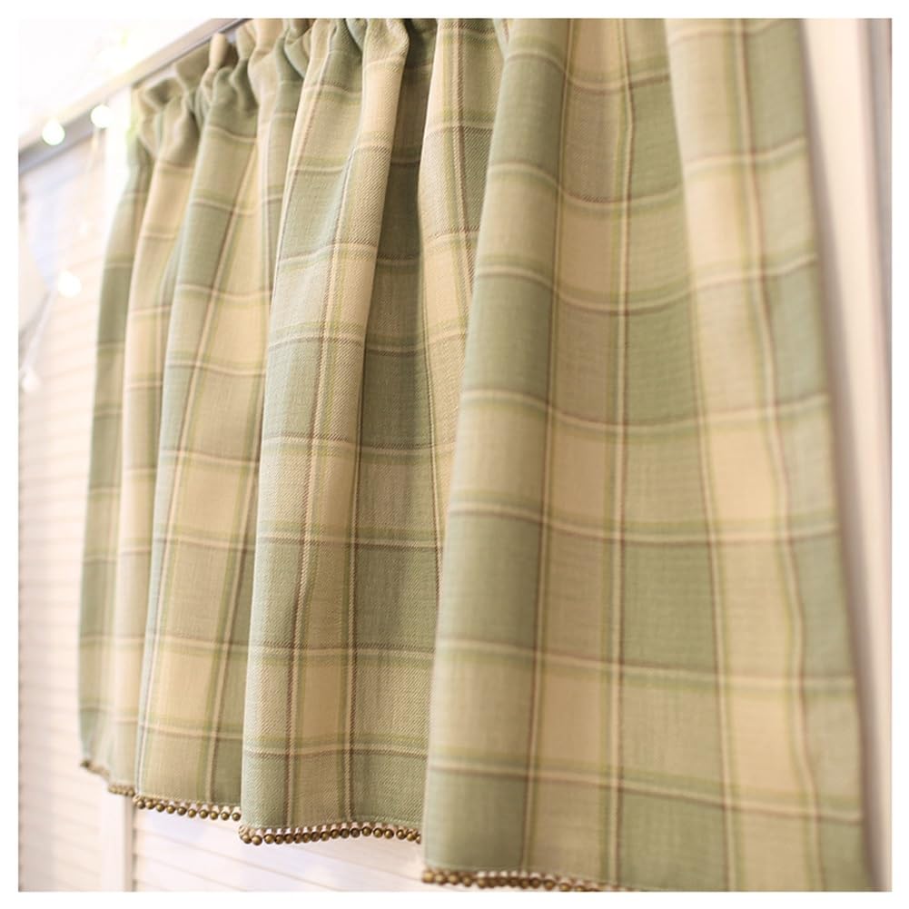 Tenda Corta a Quadri Verdi Boho per Piccole Finestre, Mezza Tenda Moderna con Bordini in Perline, Pannello per Finestra Semi-Oscurante con Tasca per Asta per Cucina, Camino(W135xH100cm/W53xH39inch)