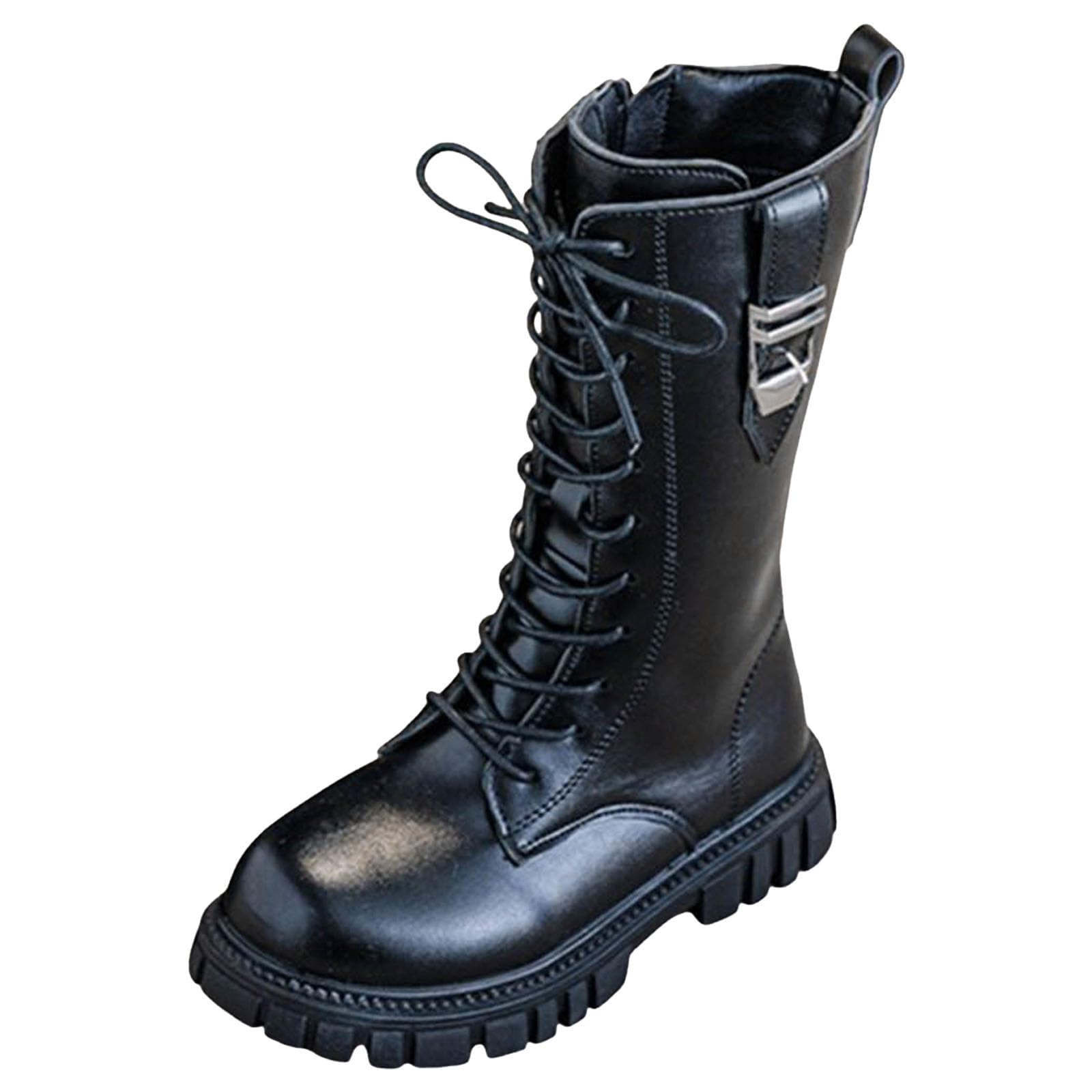 Girls Combat Boots Lace Up Mid Calf Riding Boots PU Leather Side Zipper Punk Goth Boot Non Slip