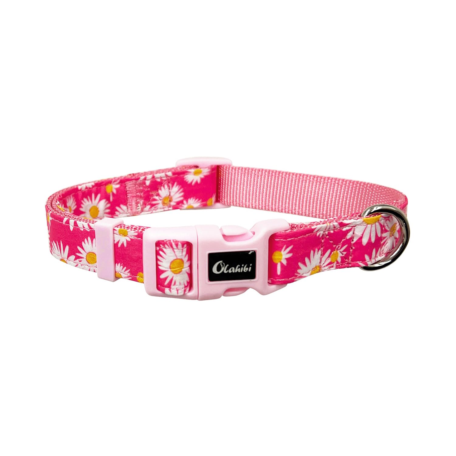 Olahibi Basic Dog Collar, Nylon Webbing Plus Cotton Ribbon, Daisy Pattern, for Medium Dogs.(M, Pink Daisy)