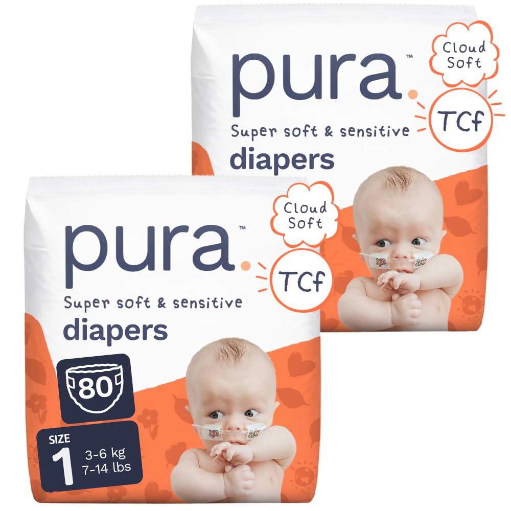 Pura Baby Diapers Size 1 (7-14 lbs) 80 Count Sensitive Skin