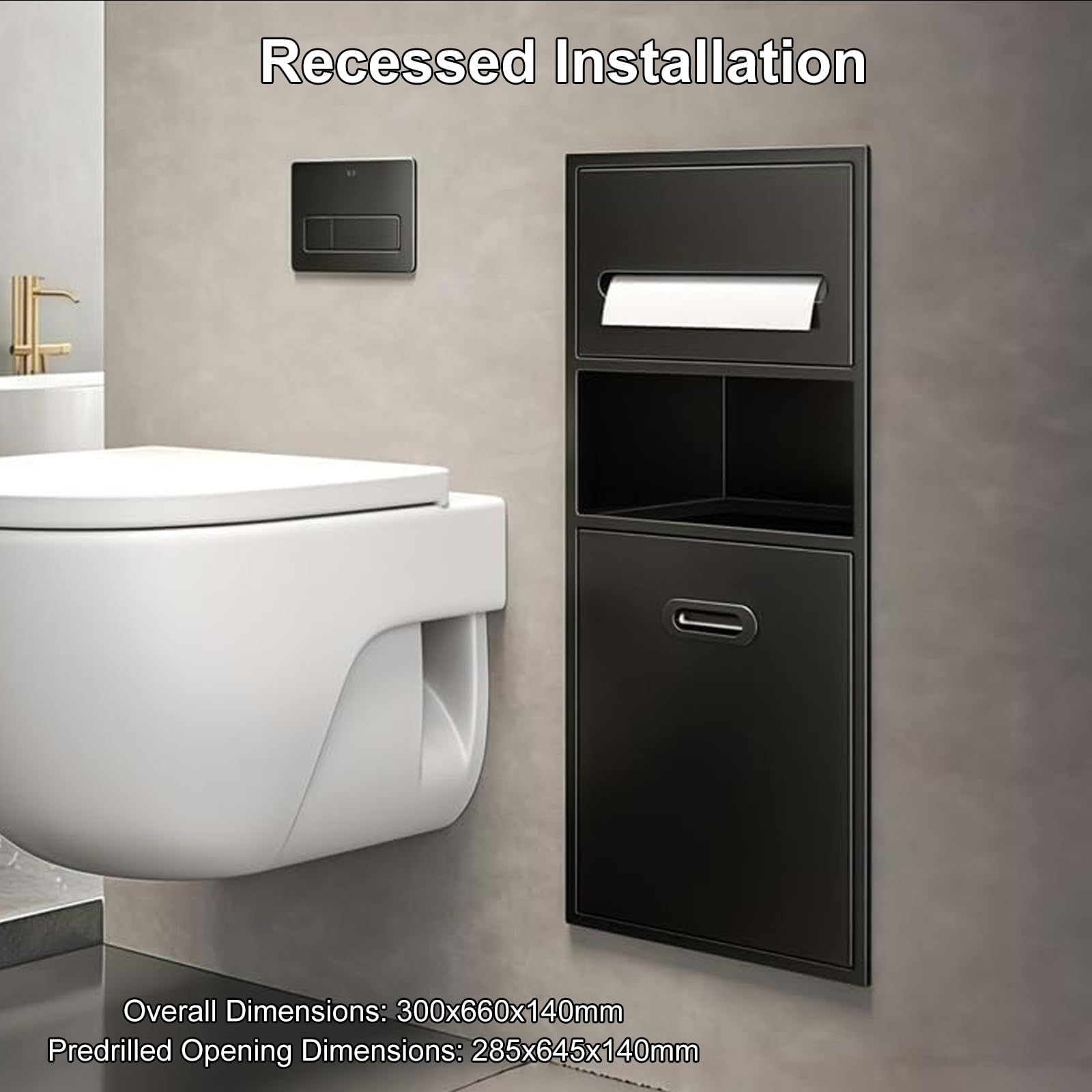Dispensador de Papel de Manos Empotrable de Acero Inoxidable 304, Dispensador de Toallas de Papel con Depósito de 8 litros para Baños, 300 X 660 X 140 Mm(Black)